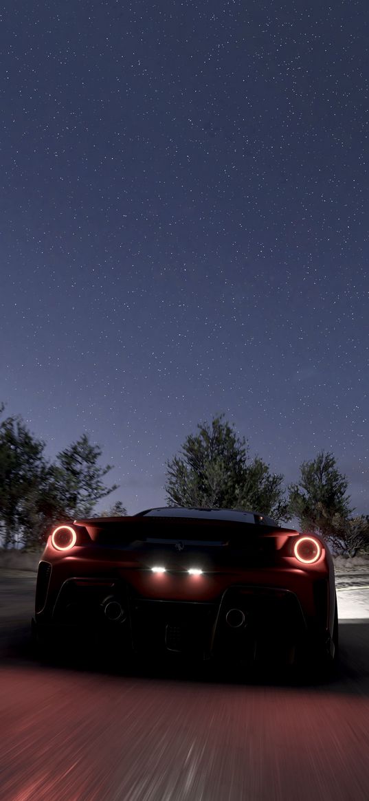 ferrari 488, ferrari, sports car, car, speed, trees, starry sky, stars, night