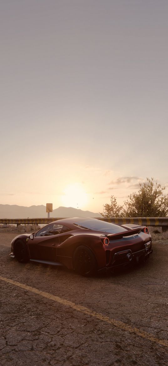 ferrari 488, ferrari, sports car, car, road, mountains, sunset, evening