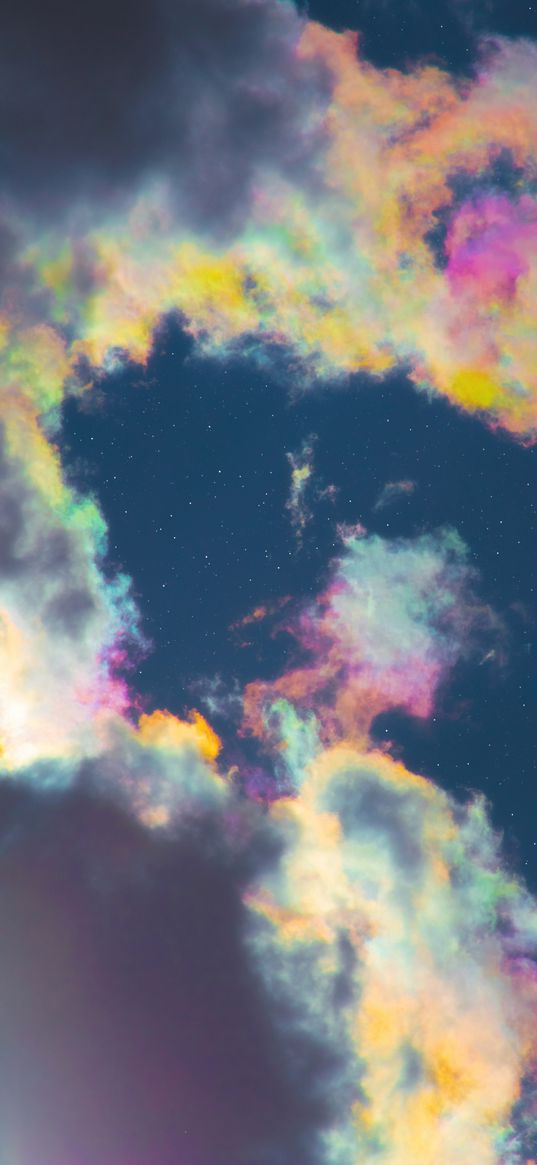 clouds, starry sky, stars, colored, rainbow, night