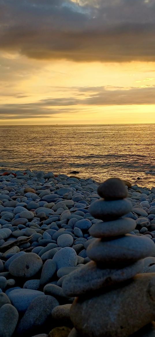 stones, pebbles, balance, beach, shore, sea, waves, horizon, clouds, sunset, evening, nature