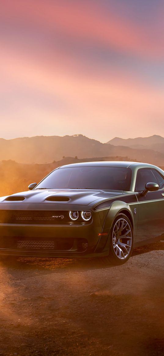 dodge challenger, dodge, car, green, front view