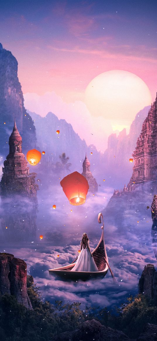 girl, boat, rocks, chinese lanterns