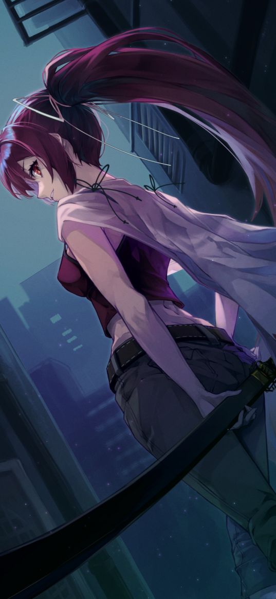 girl, purple hair, raincoat, katana, skyscrapers, street, city, night, anime, art