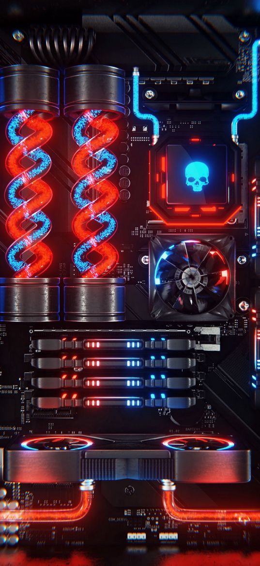 computer, modding, processor, video card, water cooling, backlight, neon, red, blue, technique