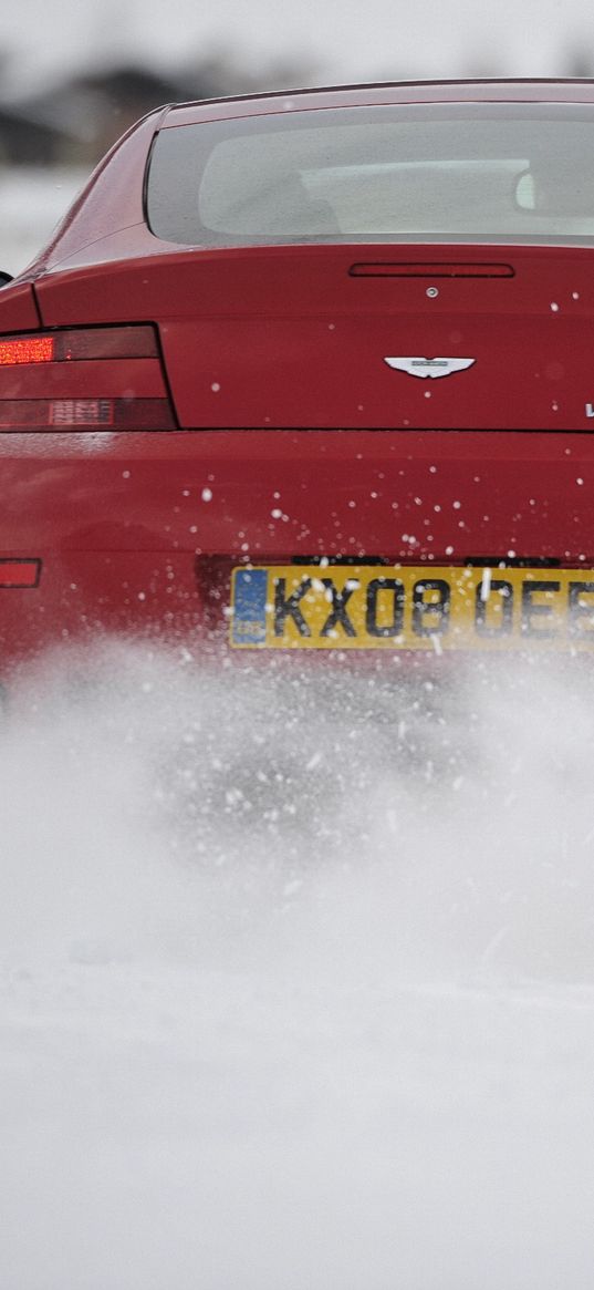 aston martin, v8, 2008, red, rear view, style, drift, snow