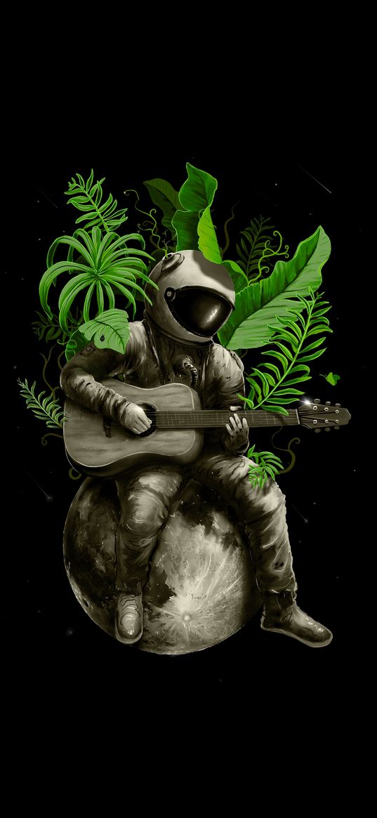 astronaut, guitar, leaves