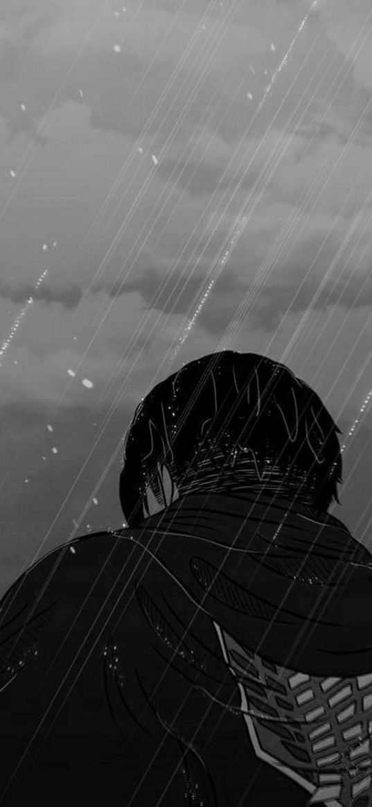 eren yeager, attack on titan, anime, guy, wet, drops, rain, cloudy, black and white, art