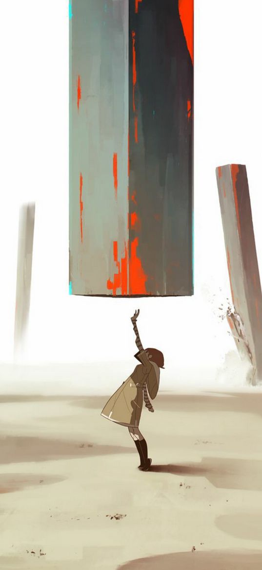 girl, pillar, magic, super power, columns, desert, anime, art