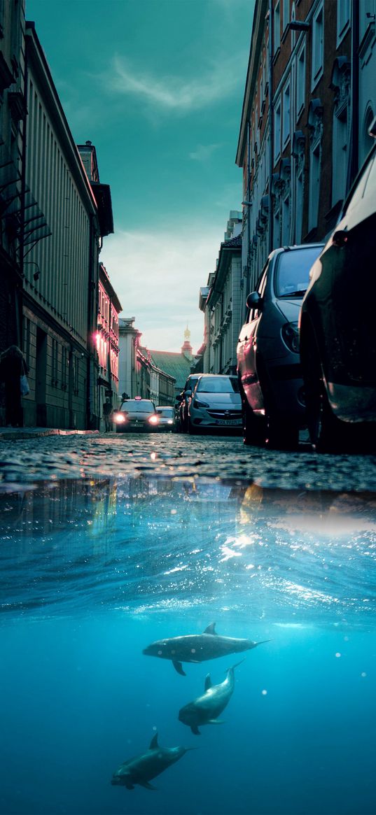 road, cars, people, houses, street, city, puddle, ocean, sea, underwater, dolphins