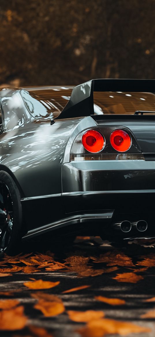 nissan gtr, nissan, sports car, car, gray, leaves, trees, autumn