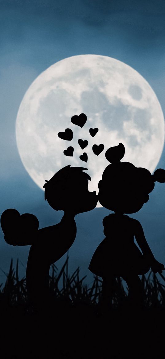 couple, children, moon, kiss, hearts, date, romance, love, night, art