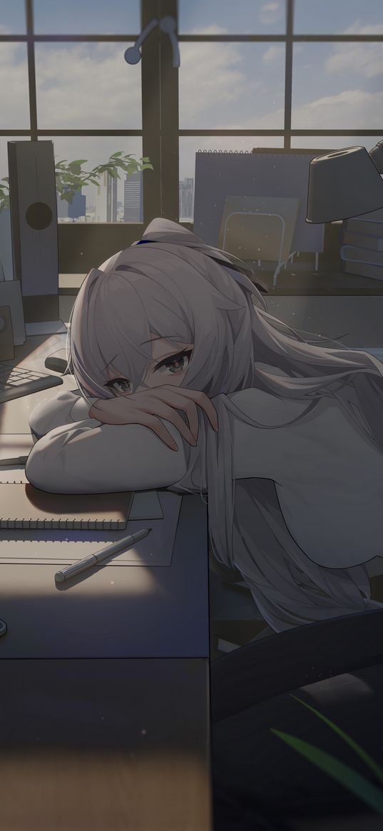 girl, desk, computer, tired, office, window, anime, art