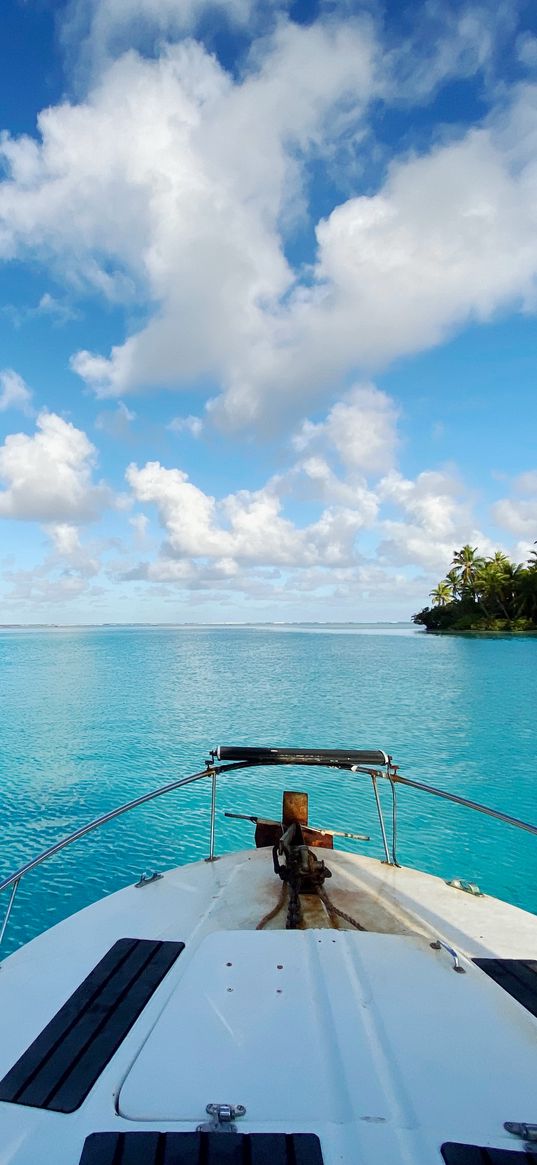 boat, ocean, travel, horizon, palm trees