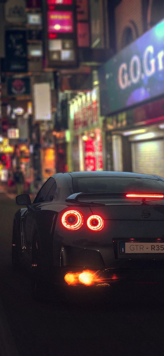 nissan gt-r, nissan, car, sports car, dark, street, sign, night