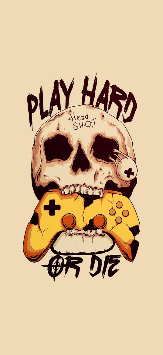 skull, joystick, inscription, play hard or die, art