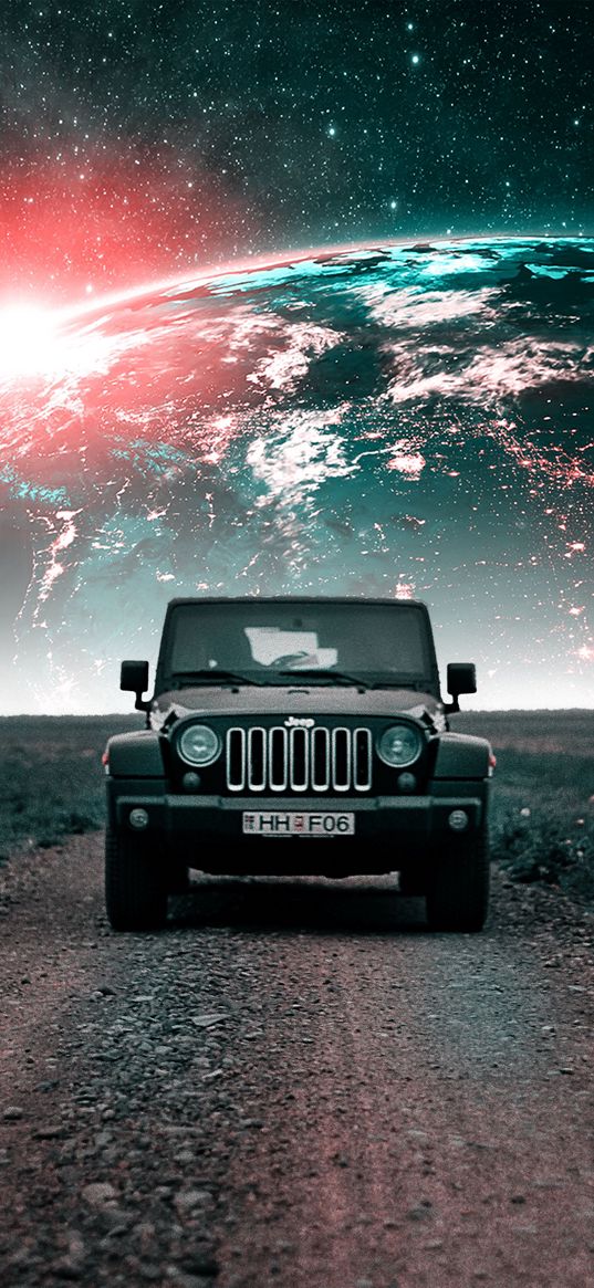 jeep, car, black, road, planet, earth, dawn