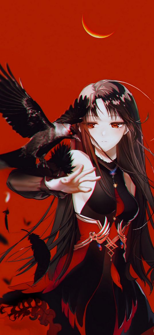 girl, anime, art, raven, bird, red background