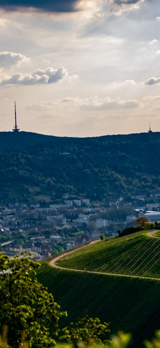 trees, hill, city, clouds, sky, landscape, stuttgart, germany