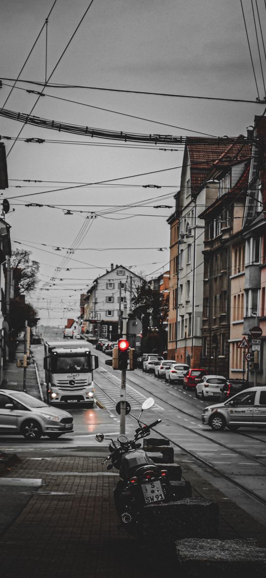 motorcycle, houses, buildings, street, road, cars, cloudy, rainy, city