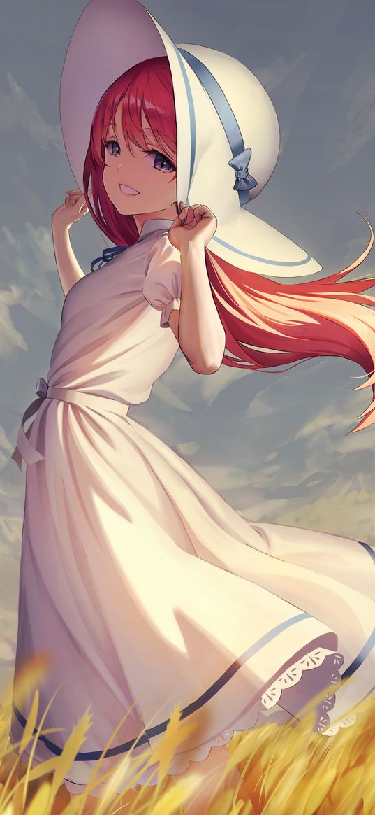 girl, hat, dress, field, cheerful, happy, smile, clouds, sky, anime, art