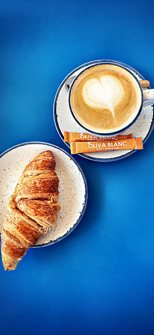 coffee, croissant, sugar, breakfast, morning, blue background, food