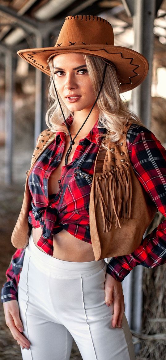 girl, hat, cowboy, blonde, beautiful, model, hay, farm