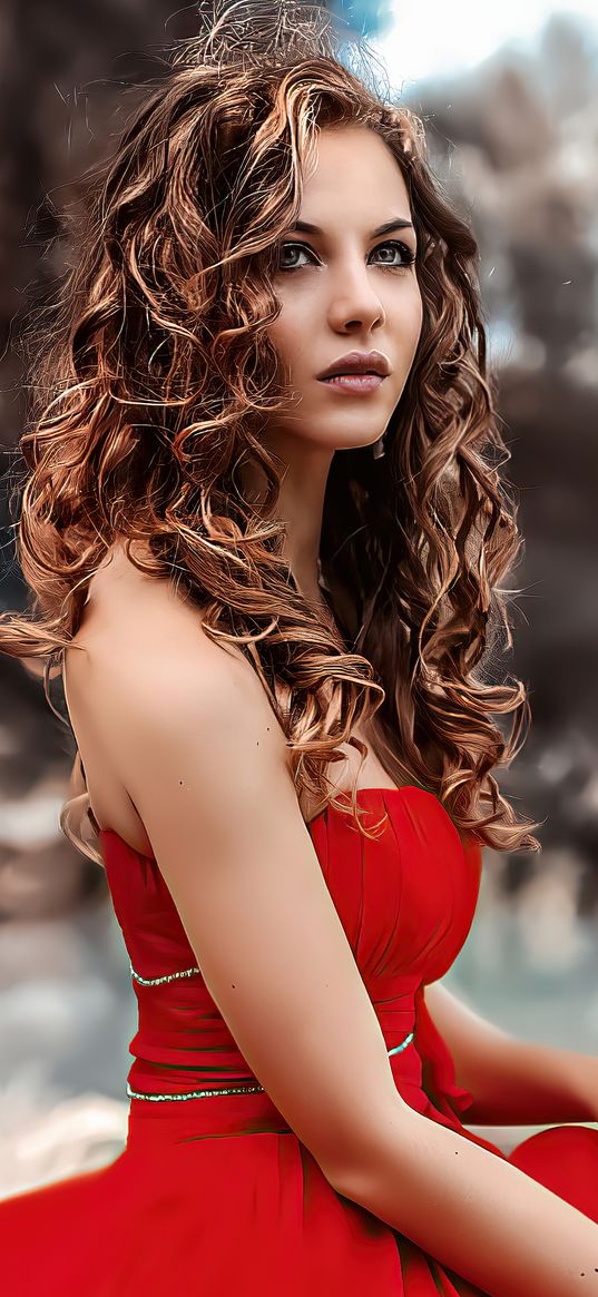 girl, red dress, curls, beautiful, look, nature