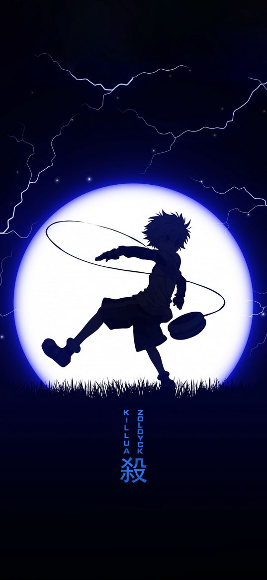 killua zoldik, hunter x hunter, anime, character, silhouette, moon, art