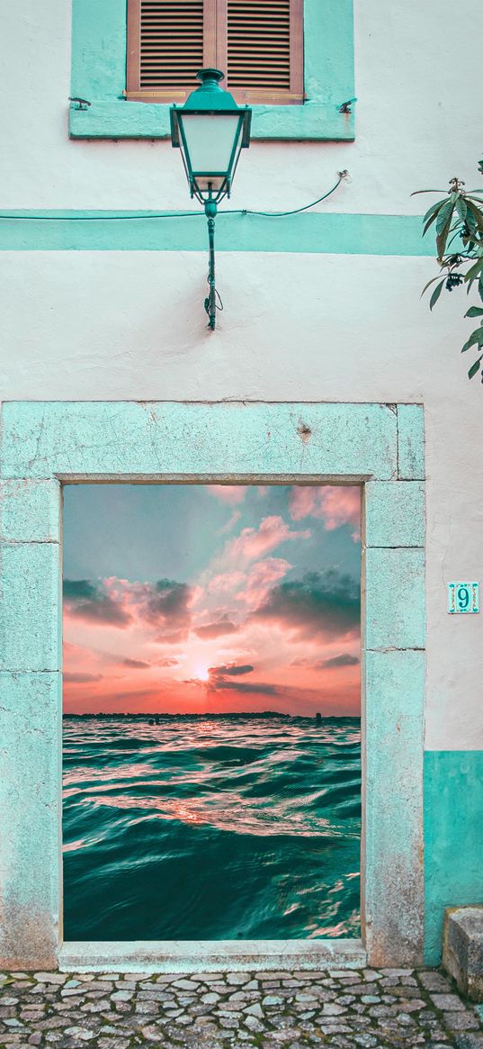 street, building, door, sea, sunset