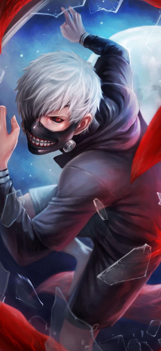 kaneki ken, tokyo ghoul, anime, guy, mask, teeth, monster, shards, moon, art