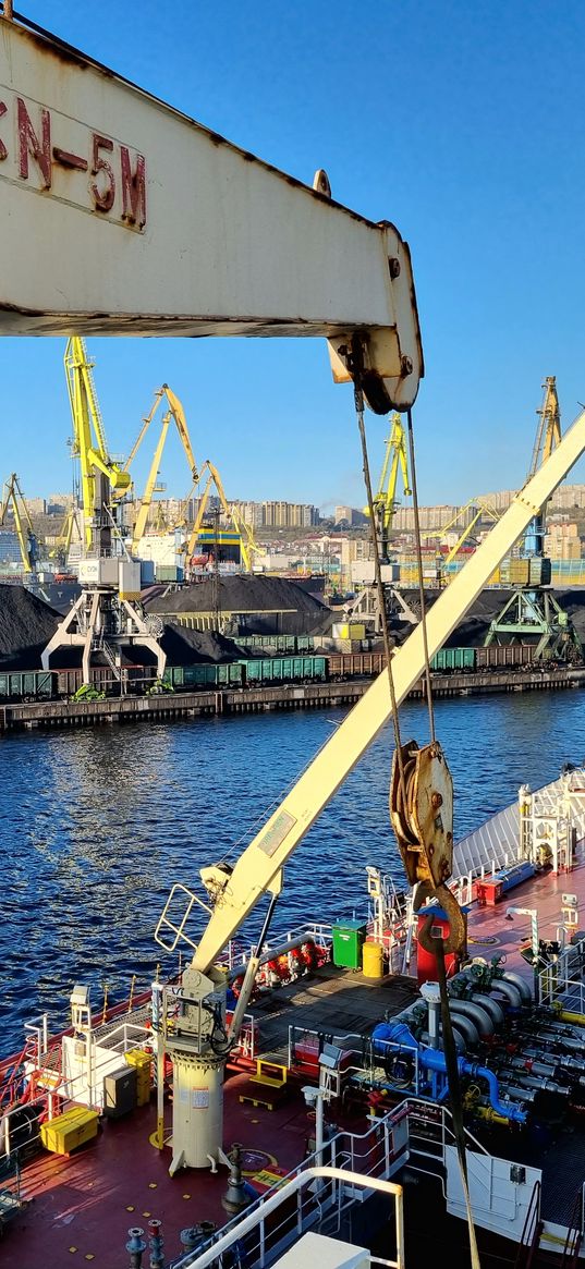 barge, ship, cranes, berth, sea, city, murmansk