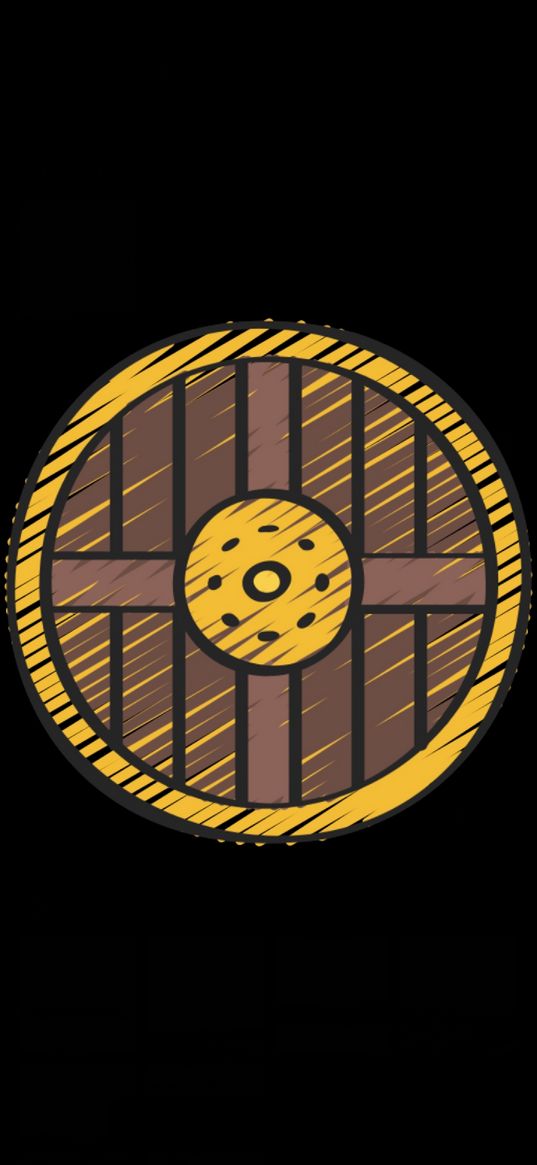 shield, wooden, yellow, brown, black background, art