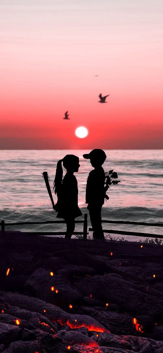 couple, kids, girl, boy, flowers, bat, lava, sea, waves, birds, sun, sunset, love