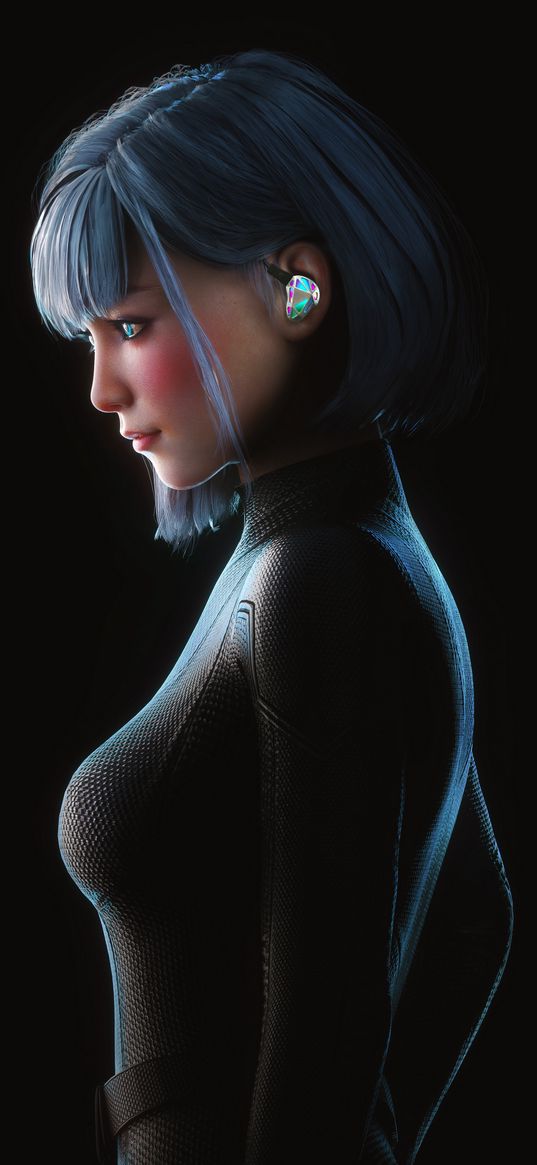 spy, girl, earphone, tight suit, beautiful, black background, anime, art