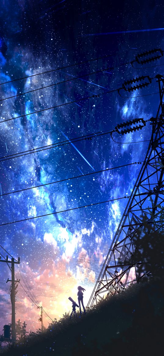 girl, telescope, tower, wires, milky way, starry sky, stars, night, anime, art