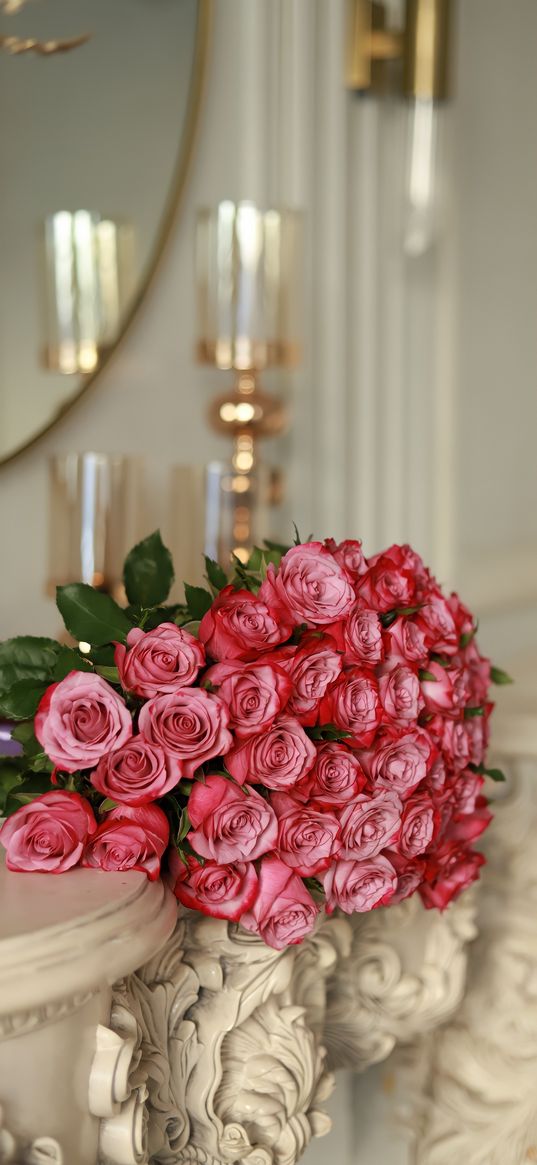 roses, flowers, pink, bouquet, interior