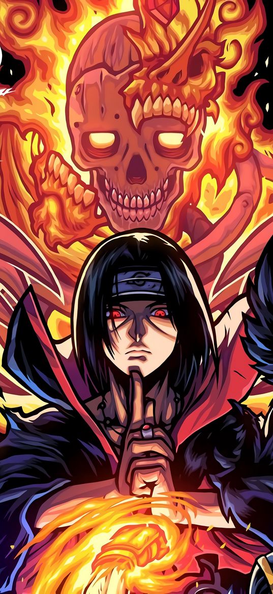 itachi, naruto, anime, skull, fire, art