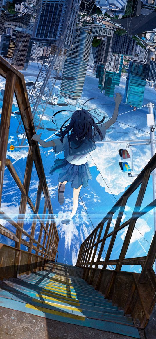 girl, city, illusion, anime, art