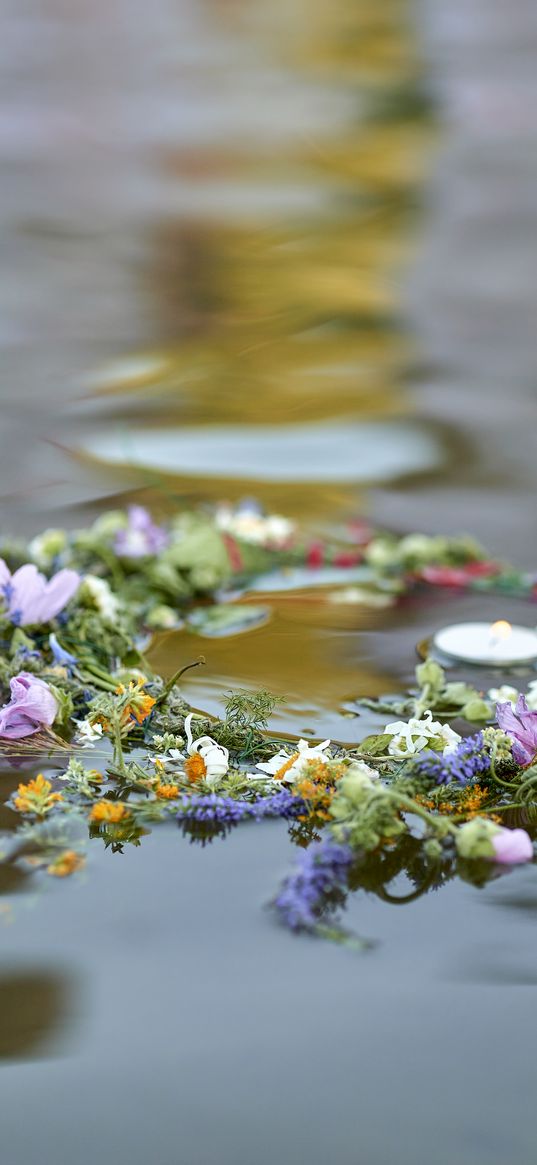 flowers, wreath, candle, lake, river, water, tradition