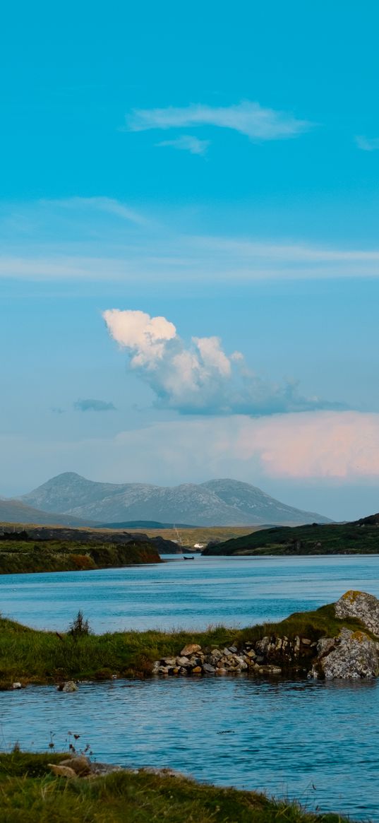 river, shore, tent, hills, mountains, clouds, sky, nature