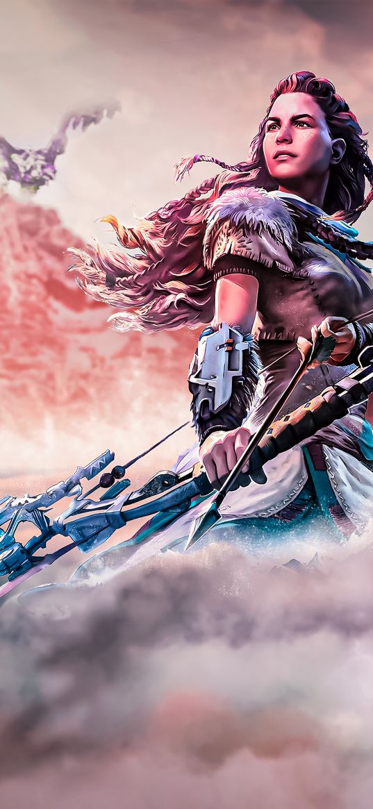 eloy, horizon zero dawn, game, girl, huntress, bow, rocks, bird, wolf, cloud, art