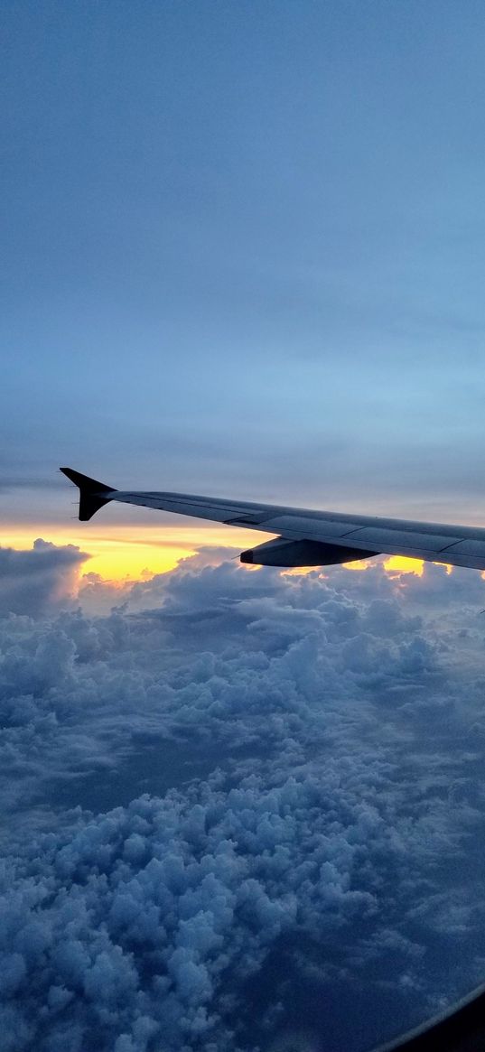 wing, airplane, porthole, flight, clouds, sunset, sky