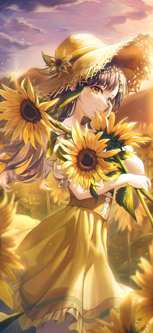 girl, straw hat, sunflowers, flowers, dress, yellow, sun, sunset, anime, art