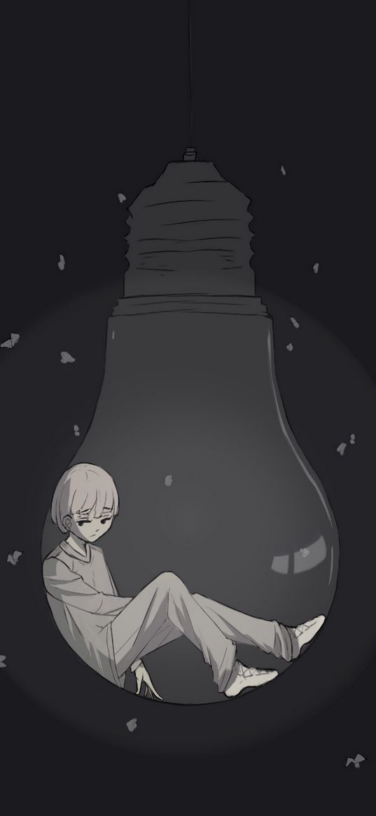 boy, light bulb, sadness, alone, anime, black and white