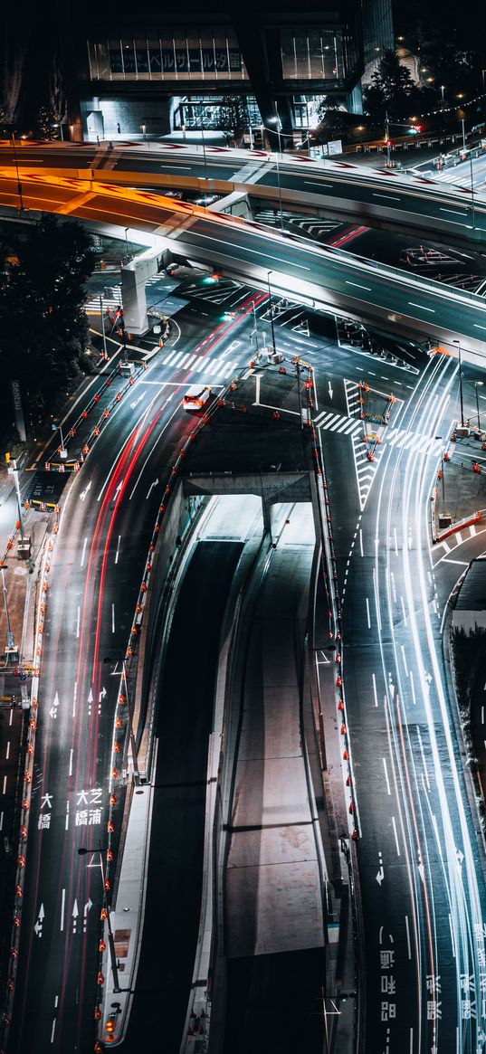 roads, bridge, crossroads, night, lights, aerial view