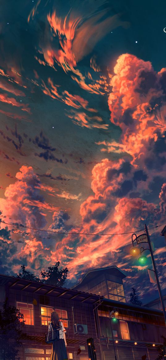 anime, girl, art, sky, clouds, dusk