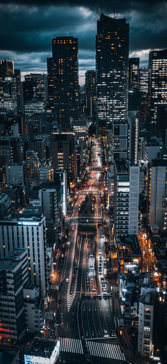 buildings, road, lights, city, night