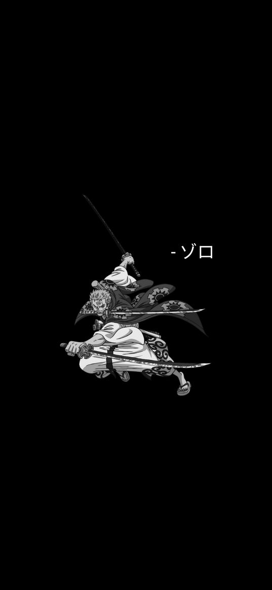 zoro, one piece, anime, character, sword, inscription, black, white, art