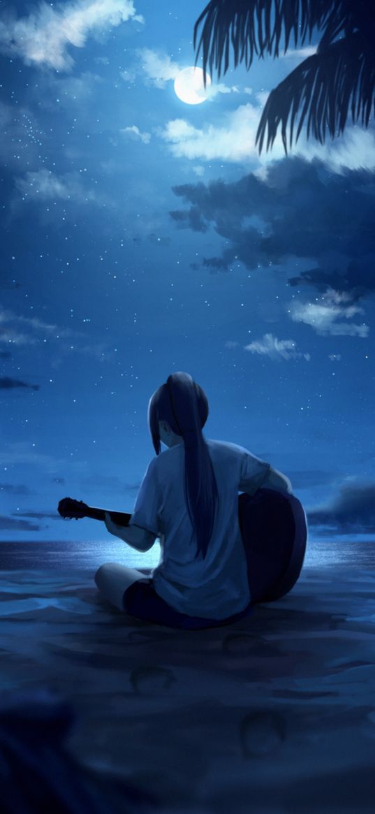 anime, girl, art, sky, clouds, moon, guitar, stars