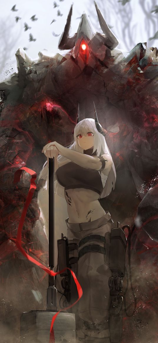 mudrock, arknights, anime, girl, hammer, game, art